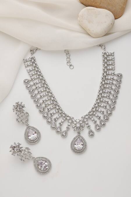 Shop Swabhimann Silver Plated Crystals White Zirconia Necklace Set Online at Aza Fashions Shop_Swabhimann_Silver Plated Crystals White Zirconia Necklace Set _Online_at_Aza_Fashions