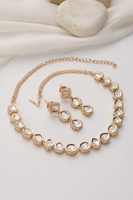 Shop Swabhimann Rose Gold Stones Embellished Polki Necklace Set at Aza Fashions Shop_Swabhimann_Rose Gold Stones Embellished Polki Necklace Set _at_Aza_Fashions