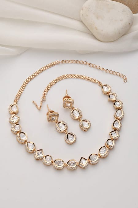 Swabhimann Rose Gold Stones Embellished Polki Necklace Set Online at Aza Fashions Swabhimann_Rose Gold Stones Embellished Polki Necklace Set _Online_at_Aza_Fashions