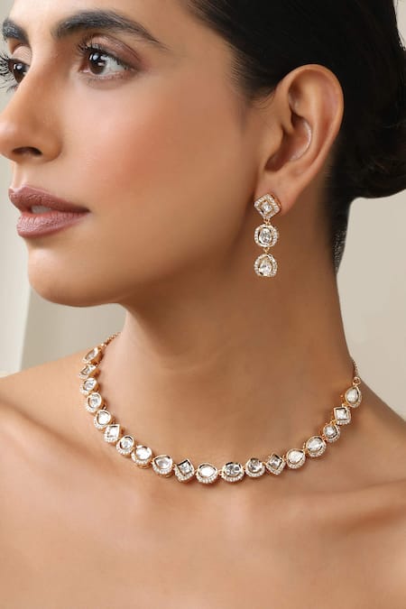 Buy Swabhimann Rose Gold Stones Embellished Polki Necklace Set Online at Aza Fashions Buy_Swabhimann_Rose Gold Stones Embellished Polki Necklace Set _Online_at_Aza_Fashions