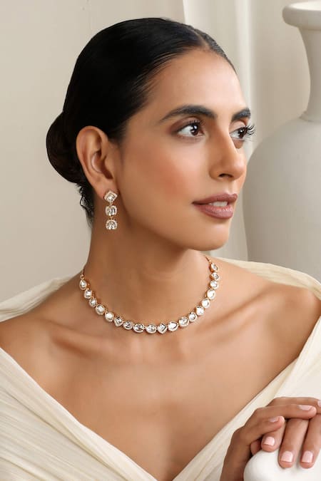 Shop Swabhimann Rose Gold Stones Embellished Polki Necklace Set Online at Aza Fashions Shop_Swabhimann_Rose Gold Stones Embellished Polki Necklace Set _Online_at_Aza_Fashions
