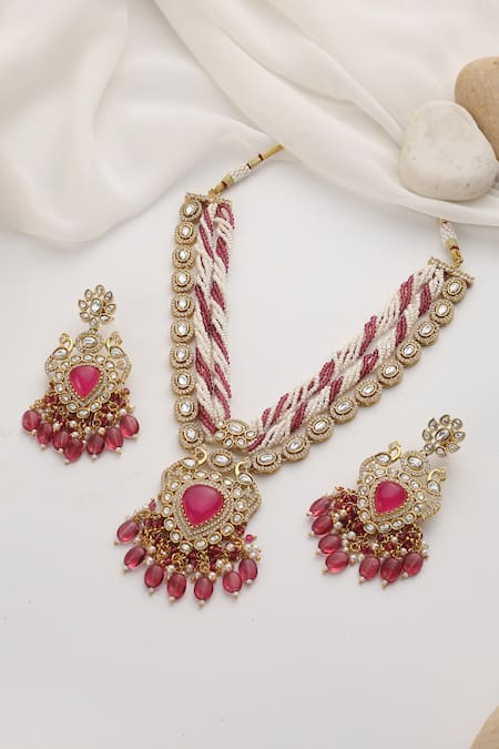 Shop_Swabhimann_Red Stones Embellished Polki Necklace Set _at_Aza_Fashions