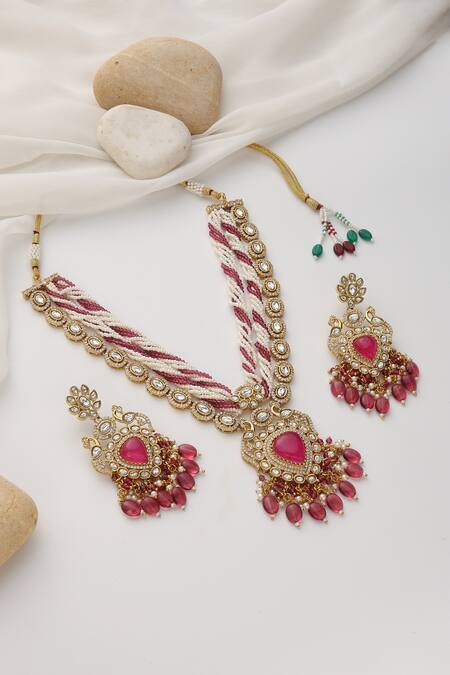 Swabhimann_Red Stones Embellished Polki Necklace Set _Online_at_Aza_Fashions