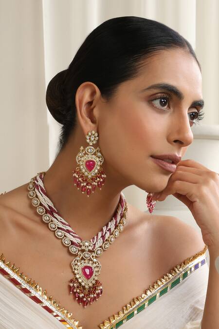 Buy_Swabhimann_Red Stones Embellished Polki Necklace Set _Online_at_Aza_Fashions