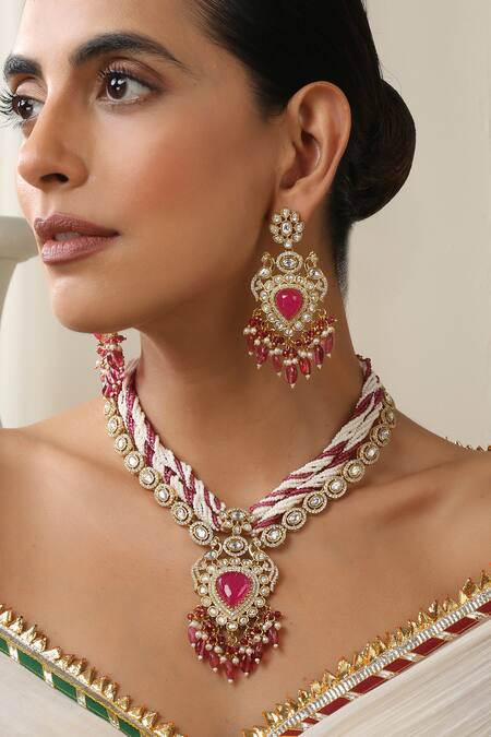 Shop_Swabhimann_Red Stones Embellished Polki Necklace Set _Online_at_Aza_Fashions