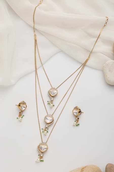 Shop Swabhimann White Stones Layered Necklace Set at Aza Fashions Shop_Swabhimann_White Stones Layered Necklace Set _at_Aza_Fashions
