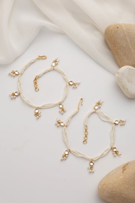 Swabhimann_White Pearls Gold Kundan And Anklets _Online_at_Aza_Fashions