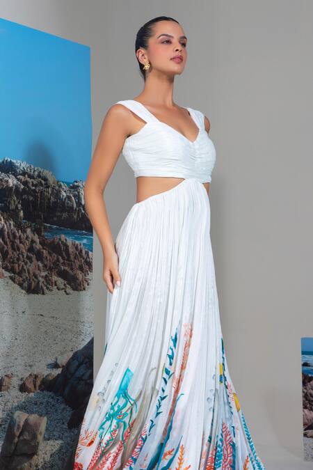 Nautanky White Chiffon Scoop Neck Floral Print Maxi Dress Online at Aza Fashions Nautanky_White Chiffon Scoop Neck Floral Print Maxi Dress _Online_at_Aza_Fashions