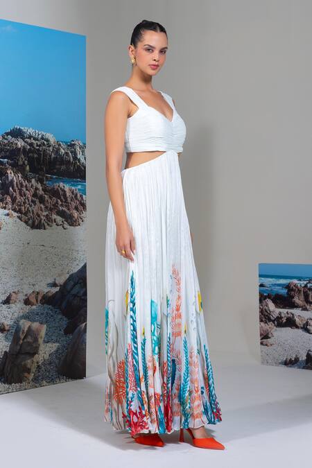 Buy Nautanky White Chiffon Scoop Neck Floral Print Maxi Dress Online at Aza Fashions Buy_Nautanky_White Chiffon Scoop Neck Floral Print Maxi Dress _Online_at_Aza_Fashions