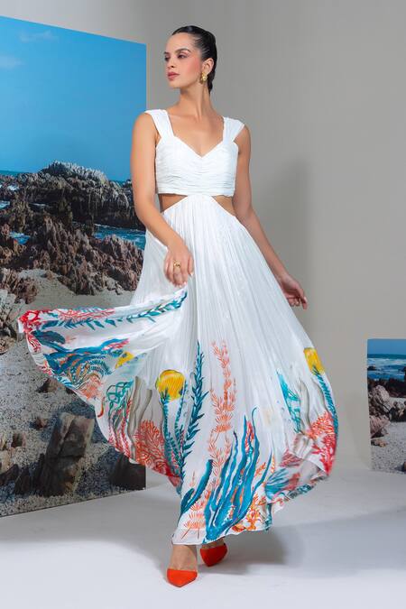 Shop Nautanky White Chiffon Scoop Neck Floral Print Maxi Dress Online at Aza Fashions Shop_Nautanky_White Chiffon Scoop Neck Floral Print Maxi Dress _Online_at_Aza_Fashions