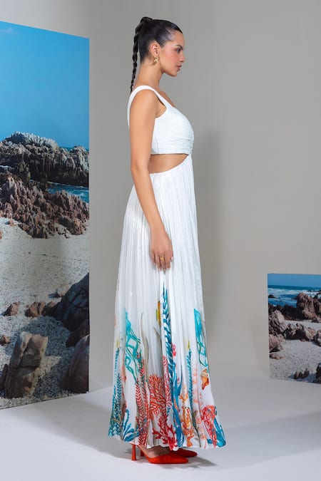 Nautanky White Chiffon Scoop Neck Floral Print Maxi Dress at Aza Fashions Nautanky_White Chiffon Scoop Neck Floral Print Maxi Dress _at_Aza_Fashions