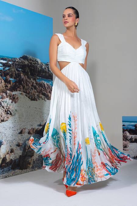 Buy Nautanky White Chiffon Scoop Neck Floral Print Maxi Dress Buy_Nautanky_White Chiffon Scoop Neck Floral Print Maxi Dress