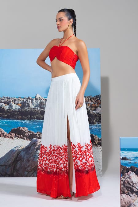 Buy_Nautanky_Red Chiffon Embroidery Halter Neck Coral Bustier And Skirt Set _Online_at_Aza_Fashions
