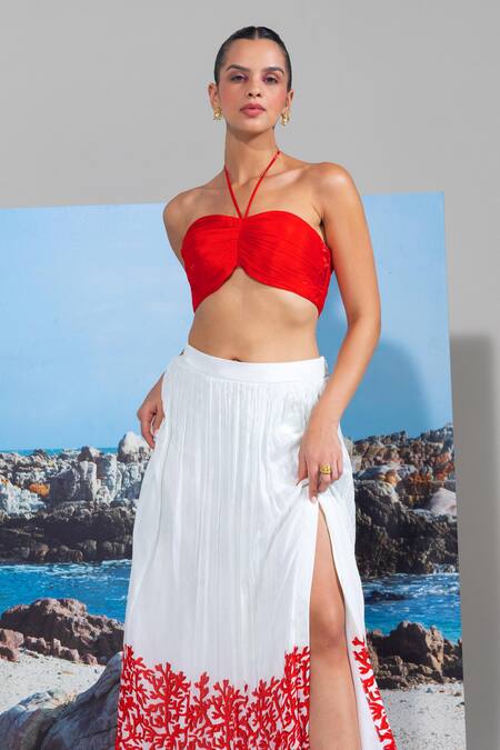 Shop_Nautanky_Red Chiffon Embroidery Halter Neck Coral Bustier And Skirt Set _Online_at_Aza_Fashions
