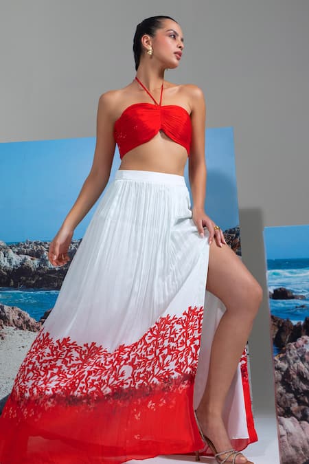 Nautanky_Red Chiffon Embroidery Halter Neck Coral Bustier And Skirt Set _at_Aza_Fashions