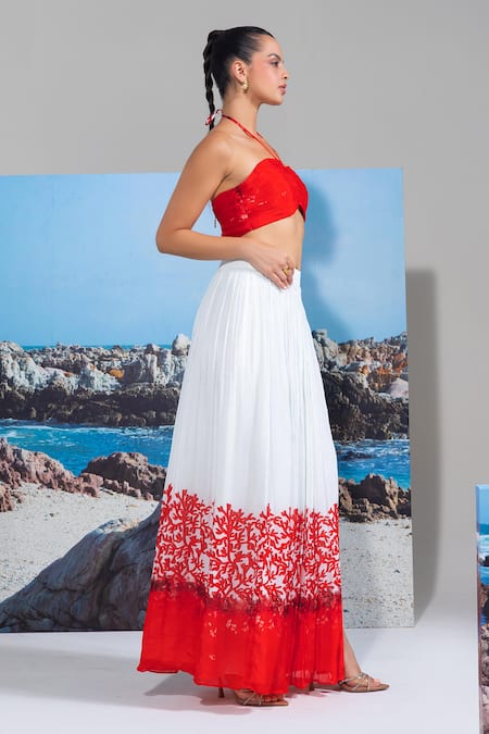 Shop_Nautanky_Red Chiffon Embroidery Halter Neck Coral Bustier And Skirt Set _at_Aza_Fashions