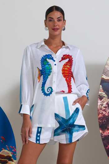 Nautanky_White Cotton, Linen Embroidery Colorful Seahorse Print Shirt And Shorts Set _Online_at_Aza_Fashions
