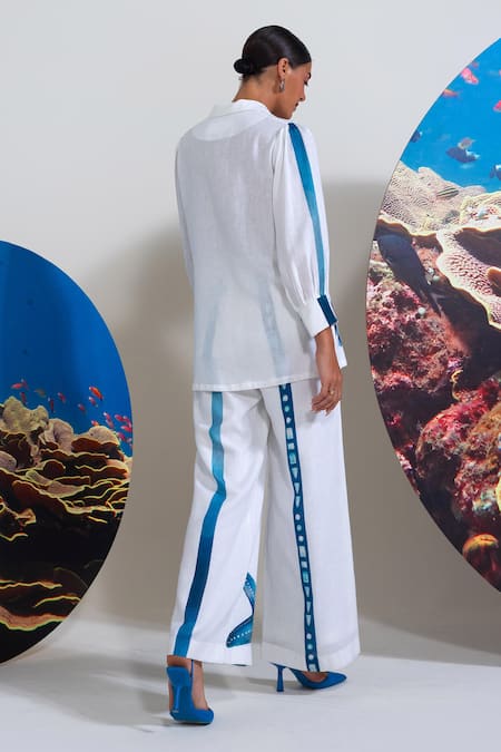 Shop Nautanky White Cotton, Linen Embroidery Collared Designer Seahorse Print Pant Set at Aza Fashions Shop_Nautanky_White Cotton, Linen Embroidery Collared Designer Seahorse Print Pant Set _at_Aza_Fashions