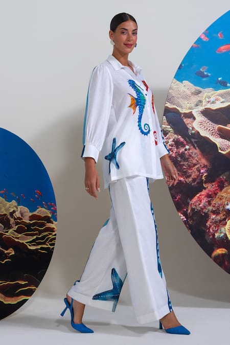 Nautanky White Cotton, Linen Embroidery Collared Designer Seahorse Print Pant Set Online at Aza Fashions Nautanky_White Cotton, Linen Embroidery Collared Designer Seahorse Print Pant Set _Online_at_Aza_Fashions