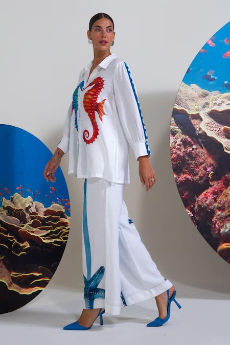 Buy Nautanky White Cotton, Linen Embroidery Collared Designer Seahorse Print Pant Set Online at Aza Fashions Buy_Nautanky_White Cotton, Linen Embroidery Collared Designer Seahorse Print Pant Set _Online_at_Aza_Fashions