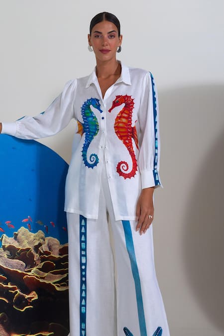 Shop Nautanky White Cotton, Linen Embroidery Collared Designer Seahorse Print Pant Set Online at Aza Fashions Shop_Nautanky_White Cotton, Linen Embroidery Collared Designer Seahorse Print Pant Set _Online_at_Aza_Fashions