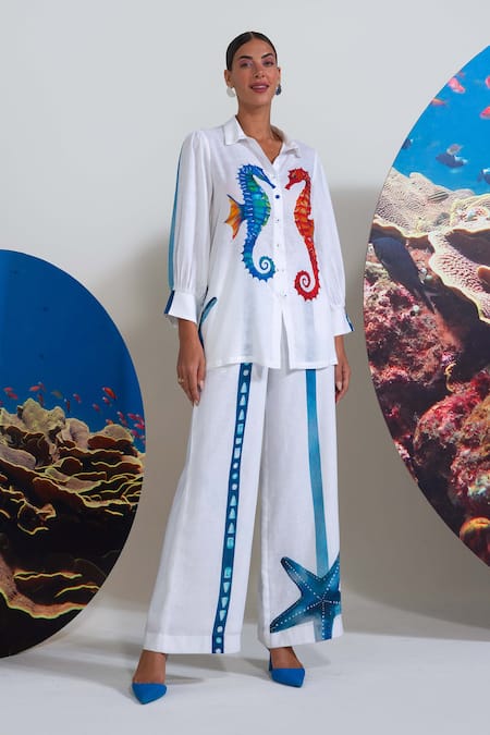 Nautanky White Cotton, Linen Embroidery Collared Designer Seahorse Print Pant Set at Aza Fashions Nautanky_White Cotton, Linen Embroidery Collared Designer Seahorse Print Pant Set _at_Aza_Fashions