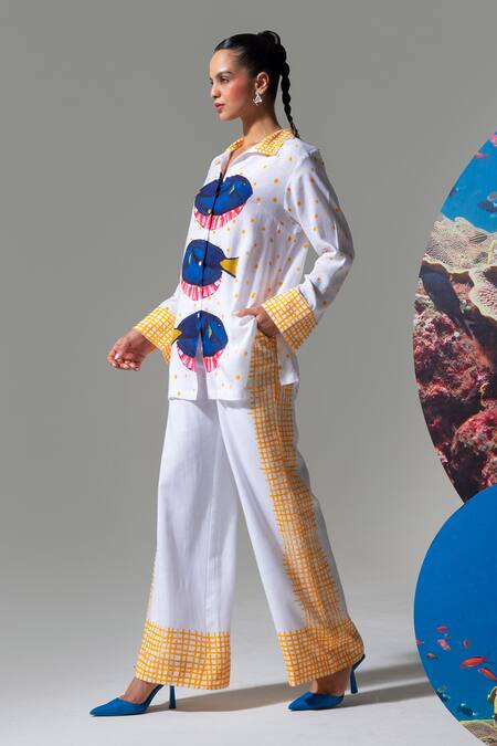 Nautanky_White Cotton, Linen Embroidery Collared Designer Baited Breath Shirt And Pant Set _Online_at_Aza_Fashions