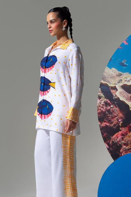 Buy_Nautanky_White Cotton, Linen Embroidery Collared Designer Baited Breath Shirt And Pant Set _Online_at_Aza_Fashions