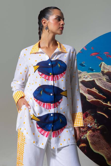 Shop_Nautanky_White Cotton, Linen Embroidery Collared Designer Baited Breath Shirt And Pant Set _Online_at_Aza_Fashions