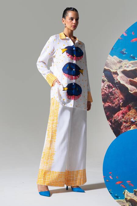 Nautanky_White Cotton, Linen Embroidery Collared Designer Baited Breath Shirt And Pant Set _at_Aza_Fashions