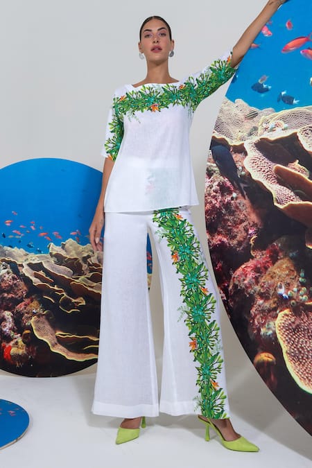 Nautanky_White Cotton, Linen Embroidery Boat Neck Floral Pant Set _Online_at_Aza_Fashions