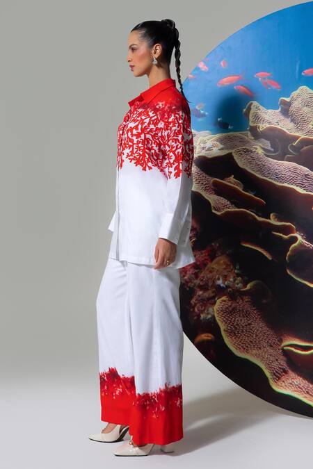 Nautanky White Cotton, Linen Embroidery Collared Coral Print Pant Set Online at Aza Fashions Nautanky_White Cotton, Linen Embroidery Collared Coral Print Pant Set _Online_at_Aza_Fashions