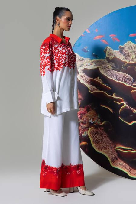 Buy Nautanky White Cotton, Linen Embroidery Collared Coral Print Pant Set Online at Aza Fashions Buy_Nautanky_White Cotton, Linen Embroidery Collared Coral Print Pant Set _Online_at_Aza_Fashions