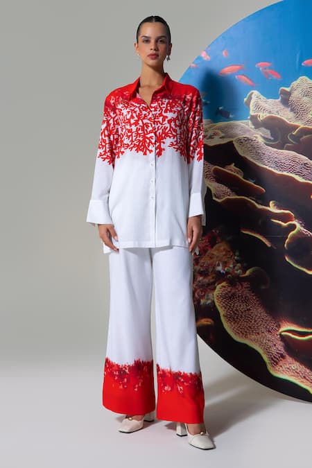 Nautanky White Cotton, Linen Embroidery Collared Coral Print Pant Set at Aza Fashions Nautanky_White Cotton, Linen Embroidery Collared Coral Print Pant Set _at_Aza_Fashions
