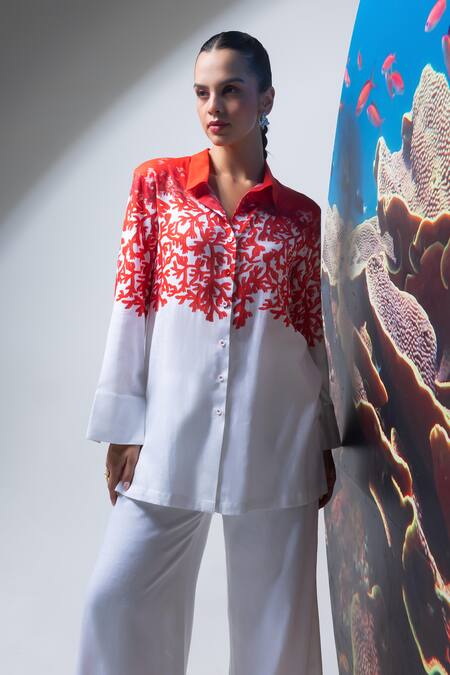 Buy Nautanky White Cotton, Linen Embroidery Collared Coral Print Pant Set Buy_Nautanky_White Cotton, Linen Embroidery Collared Coral Print Pant Set