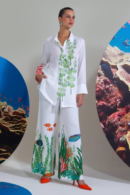 Nautanky White Cotton, Linen Embroidery Collared Designer Coral Print Pant Set Online at Aza Fashions Nautanky_White Cotton, Linen Embroidery Collared Designer Coral Print Pant Set _Online_at_Aza_Fashions