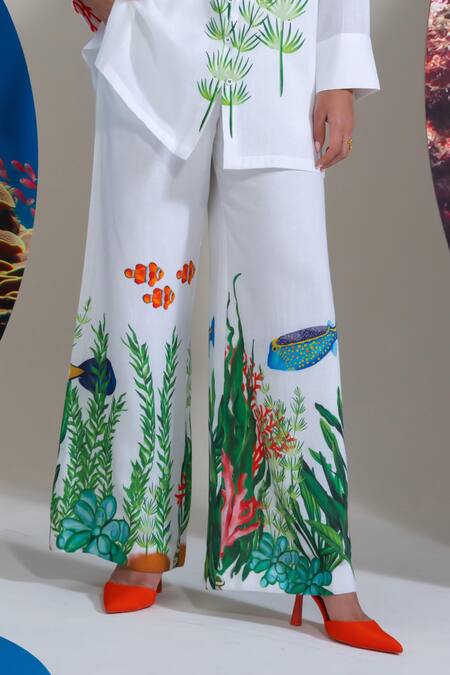 Buy Nautanky White Cotton, Linen Embroidery Collared Designer Coral Print Pant Set Online at Aza Fashions Buy_Nautanky_White Cotton, Linen Embroidery Collared Designer Coral Print Pant Set _Online_at_Aza_Fashions