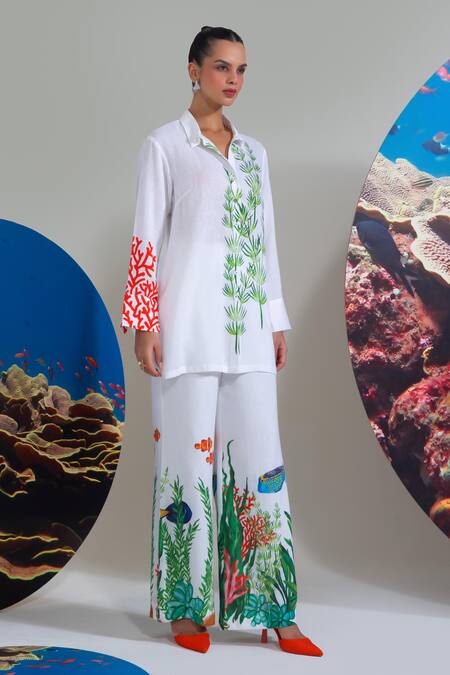 Shop Nautanky White Cotton, Linen Embroidery Collared Designer Coral Print Pant Set Online at Aza Fashions Shop_Nautanky_White Cotton, Linen Embroidery Collared Designer Coral Print Pant Set _Online_at_Aza_Fashions