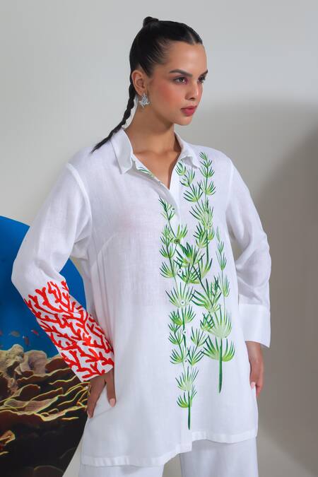 Nautanky White Cotton, Linen Embroidery Collared Designer Coral Print Pant Set at Aza Fashions Nautanky_White Cotton, Linen Embroidery Collared Designer Coral Print Pant Set _at_Aza_Fashions