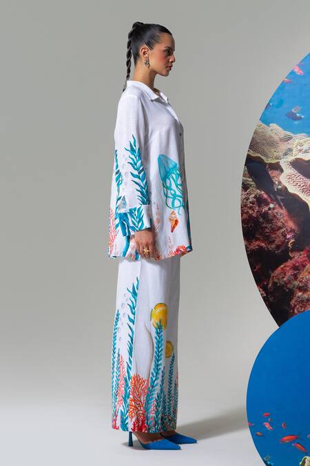 Nautanky White Cotton, Linen Embroidery Collared Coral Print Pant Set Online at Aza Fashions Nautanky_White Cotton, Linen Embroidery Collared Coral Print Pant Set _Online_at_Aza_Fashions