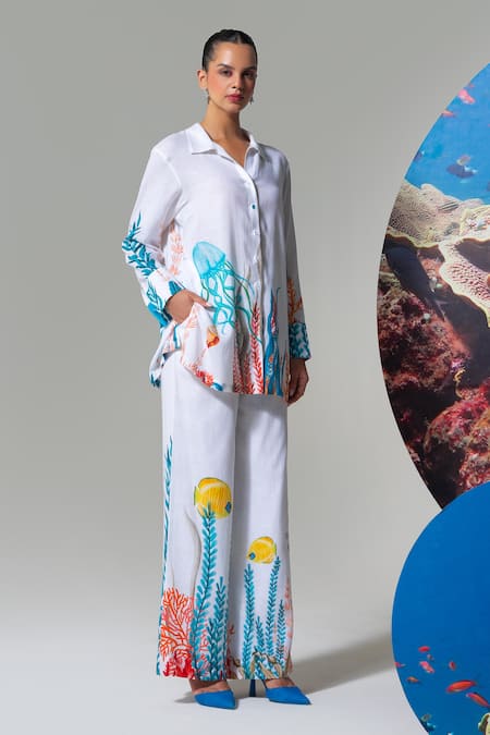 Nautanky White Cotton, Linen Embroidery Collared Coral Print Pant Set 