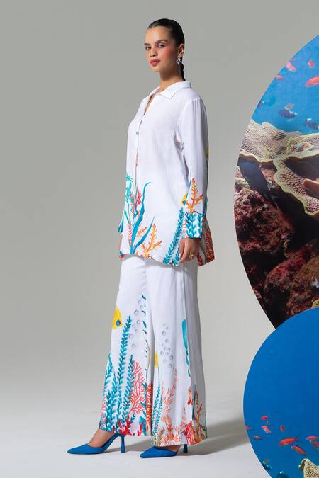 Buy Nautanky White Cotton, Linen Embroidery Collared Coral Print Pant Set Online at Aza Fashions Buy_Nautanky_White Cotton, Linen Embroidery Collared Coral Print Pant Set _Online_at_Aza_Fashions