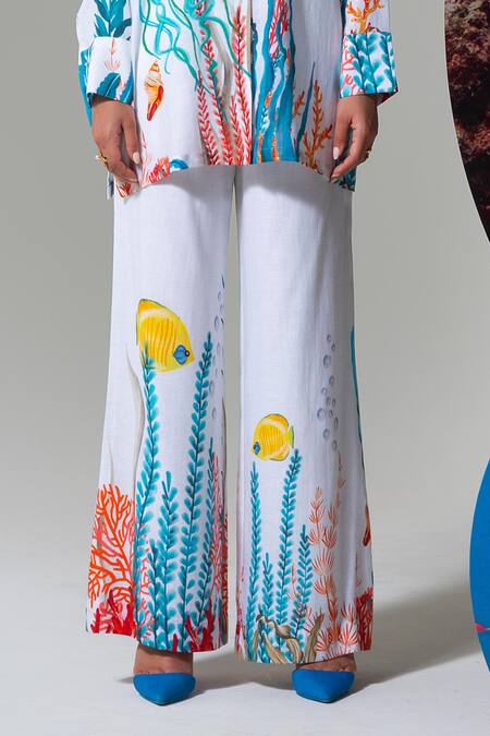 Shop Nautanky White Cotton, Linen Embroidery Collared Coral Print Pant Set Online at Aza Fashions Shop_Nautanky_White Cotton, Linen Embroidery Collared Coral Print Pant Set _Online_at_Aza_Fashions