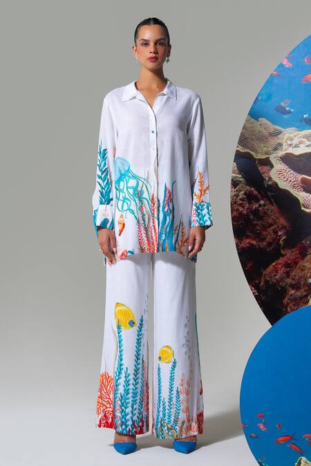 Nautanky White Cotton, Linen Embroidery Collared Coral Print Pant Set at Aza Fashions Nautanky_White Cotton, Linen Embroidery Collared Coral Print Pant Set _at_Aza_Fashions
