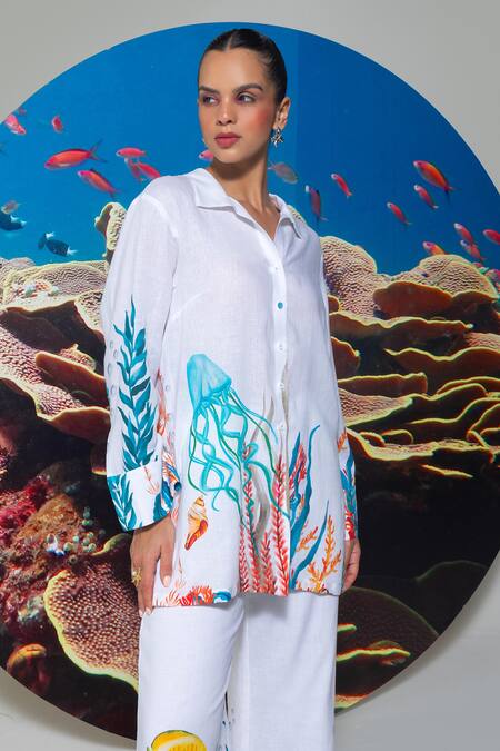 Buy Nautanky White Cotton, Linen Embroidery Collared Coral Print Pant Set Buy_Nautanky_White Cotton, Linen Embroidery Collared Coral Print Pant Set