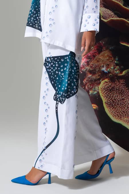 Nautanky White Cotton, Linen Collared Printed Pant Set Online at Aza Fashions Nautanky_White Cotton, Linen Collared Printed Pant Set _Online_at_Aza_Fashions