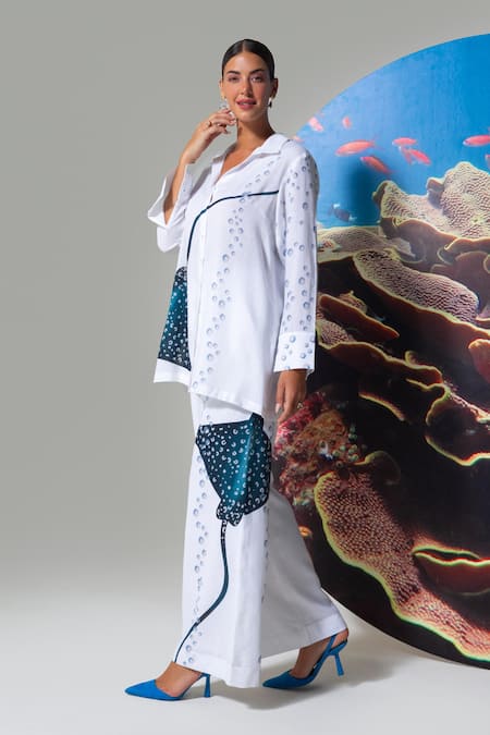 Buy Nautanky White Cotton, Linen Collared Printed Pant Set Online at Aza Fashions Buy_Nautanky_White Cotton, Linen Collared Printed Pant Set _Online_at_Aza_Fashions