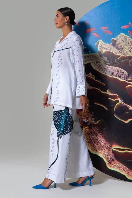 Shop Nautanky White Cotton, Linen Collared Printed Pant Set Online at Aza Fashions Shop_Nautanky_White Cotton, Linen Collared Printed Pant Set _Online_at_Aza_Fashions