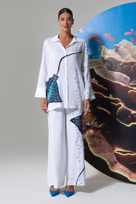 Nautanky White Cotton, Linen Collared Printed Pant Set at Aza Fashions Nautanky_White Cotton, Linen Collared Printed Pant Set _at_Aza_Fashions