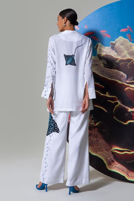 Shop Nautanky White Cotton, Linen Collared Printed Pant Set at Aza Fashions Shop_Nautanky_White Cotton, Linen Collared Printed Pant Set _at_Aza_Fashions